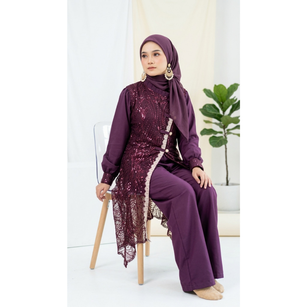 Raisha Gamis Lily One Set Celana Brukat Tunik Cheongsam Premium