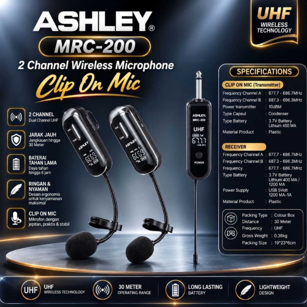 Mic wireless Ashley MRH 100,MRH 200,MRC 100,MRC 200 headset jepit bando