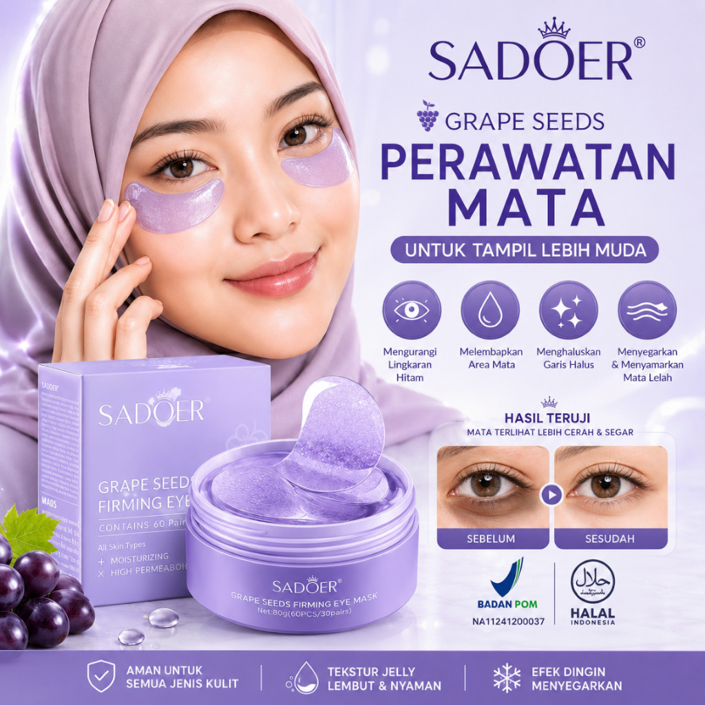 SADOER Grape Seeds Firming Eye Mask 60pcs Masker Mata Biji Anggur Melembapkan Mengurangi Lingkaran H
