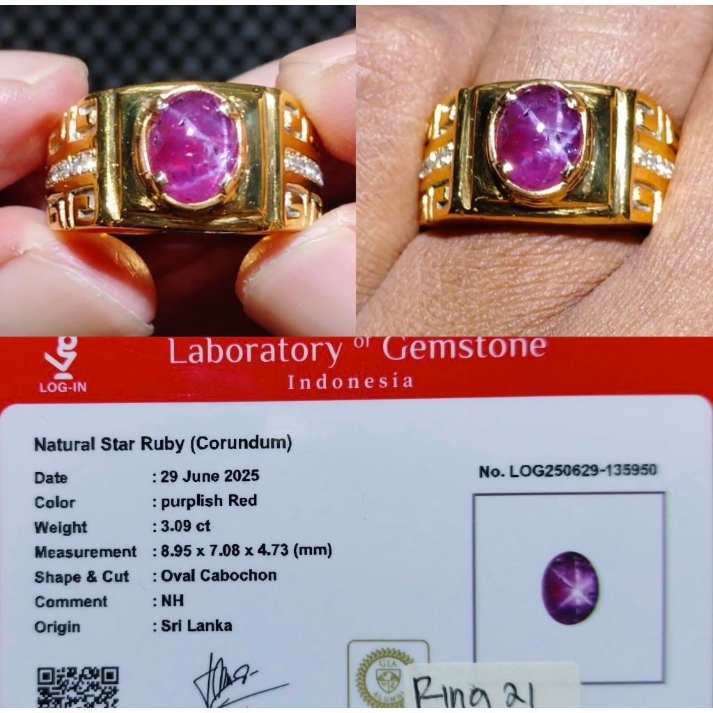 Batu Akik Natural Star Ruby Ceylon Sri Lanka 3.09ct No Heat Asli Ring 21 Mewah Plus Memo Sertifikat 