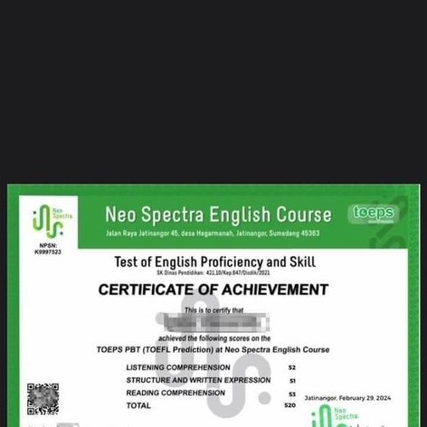 Sertifikat Achievement Neo Spectra English Course TOEFL PBT Test of English Proficiency and Skill