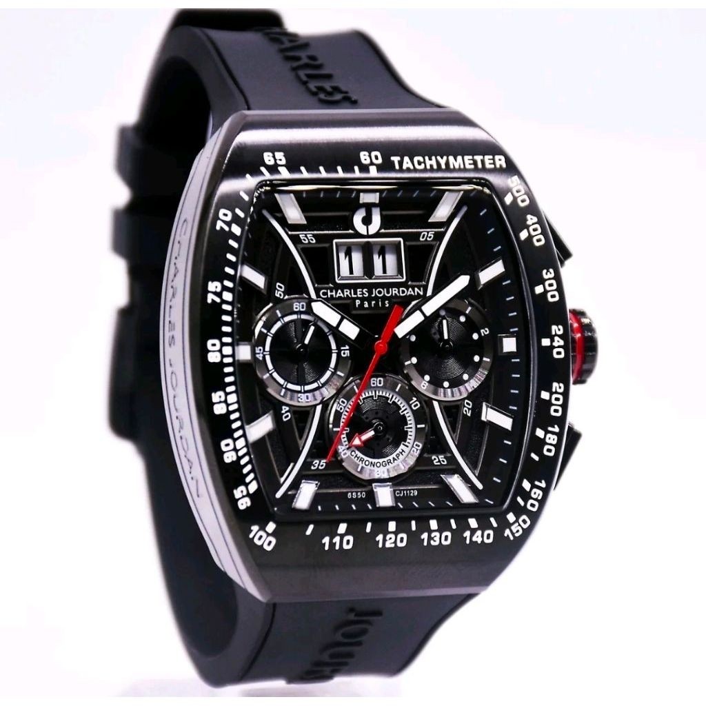 Jam Tangan Charles Jourdan Paris CJ1129 Analog Chronograph Tachometer Hitam Strap Silikon