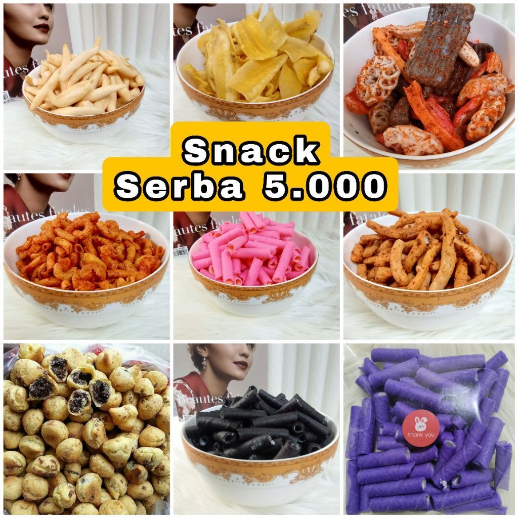 Snack Serba 5000 Murah - Keripik Pisang Makaroni Pedas Basreng Sus Cokelat Stick Roll Cemilan Kekini