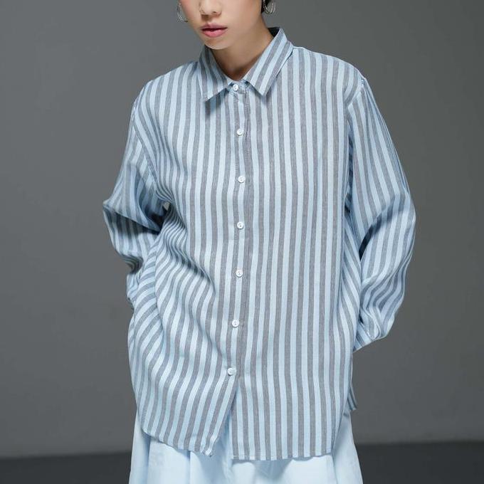 Vestir - This Is April Adrienne Top Kemeja Wanita Lengan Panjang Motif Stripe Mix Pattern Blue Dan P