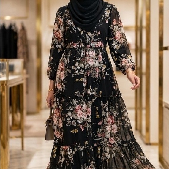 PL Preloved Gamis Dress Muslim Wanita Motif Bunga Hitam Lengan Panjang Model Tiered Elegan