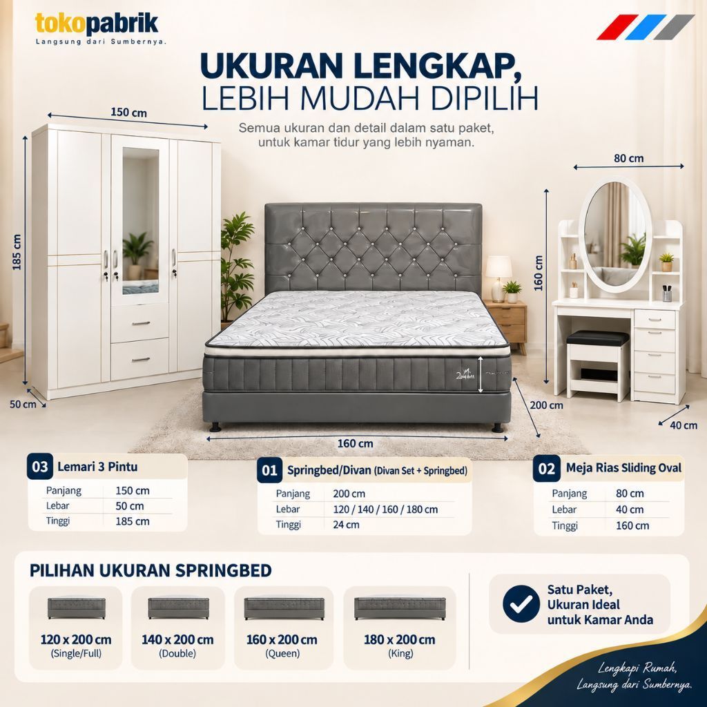 Satu Set Kamar Tidur Springbed Divan Lemari Meja Rias Termurah dan Terlaris Cirebon Tegal Jabodetabe