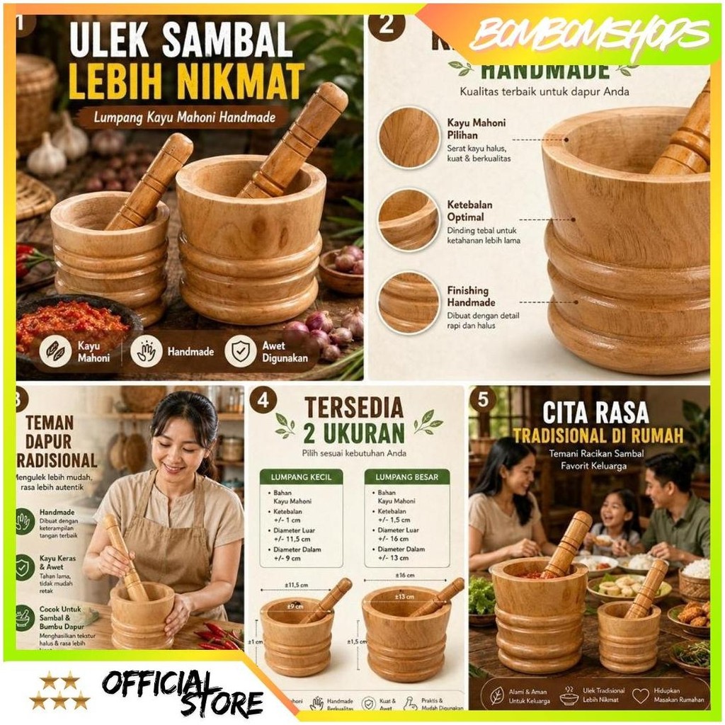LUMPANG KAYU MAHONI 1 SET 3 UKURAN MODEL UKIR + ALU | ALAT GEPREK AYAM KREMES GB Terbaru