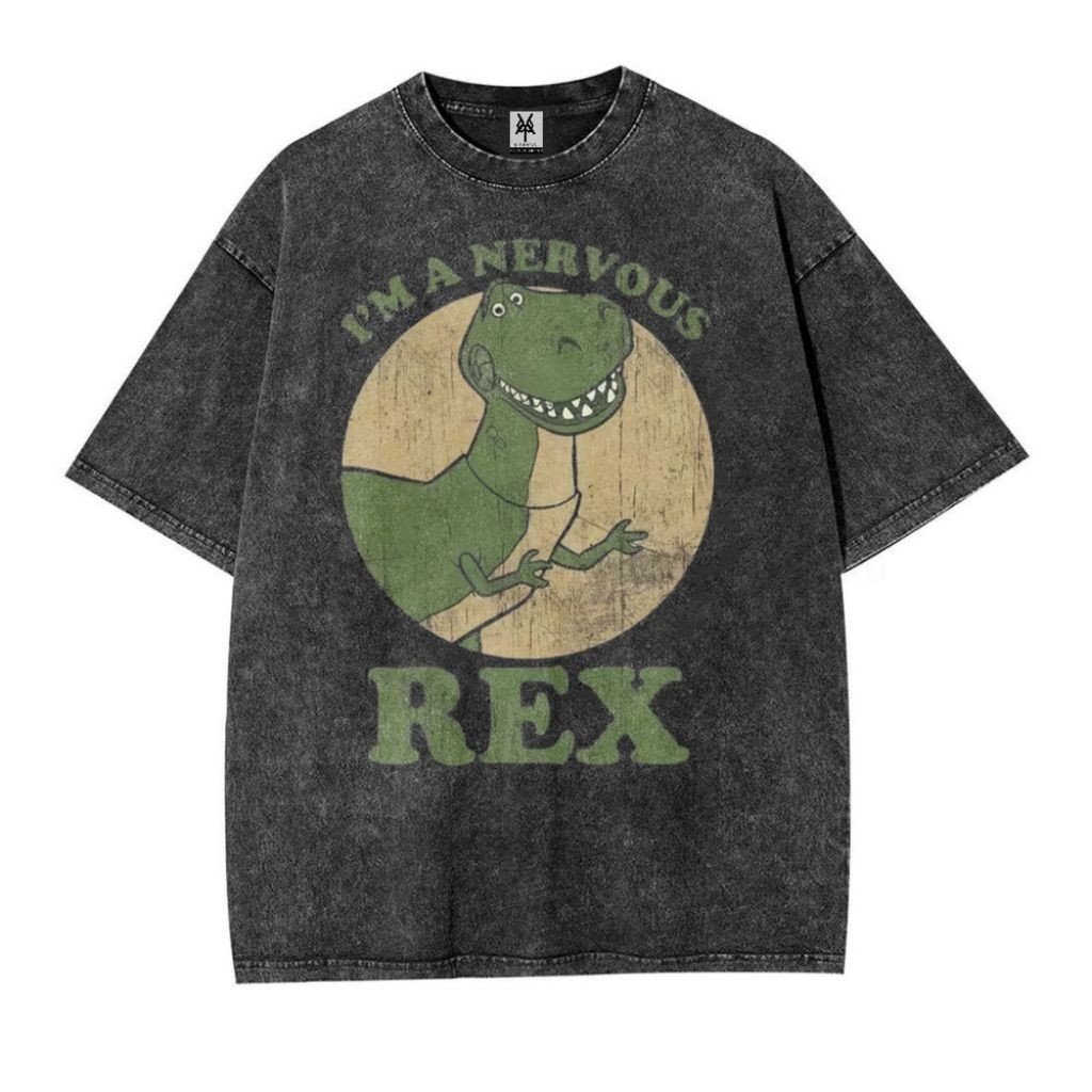 Patternmerch Kaos Oversize Stone Black Washed Disney Toy Story Rex Dinosaurus Vintage Unisex Graphic