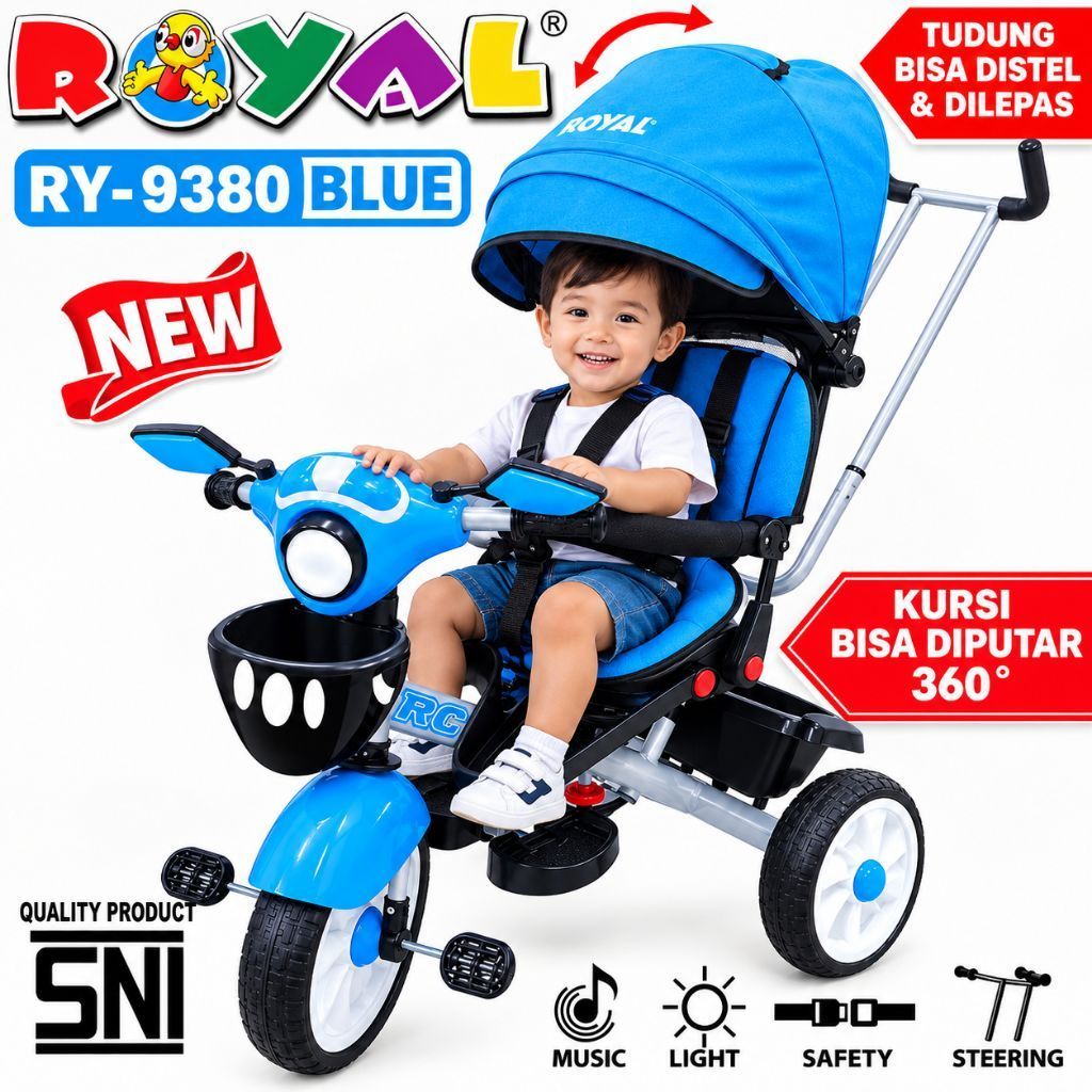 Sepeda Roda Tiga Anak Royal RY 9380 Dorongan Bayi Stroller Roda 3 Bisa Tiduran