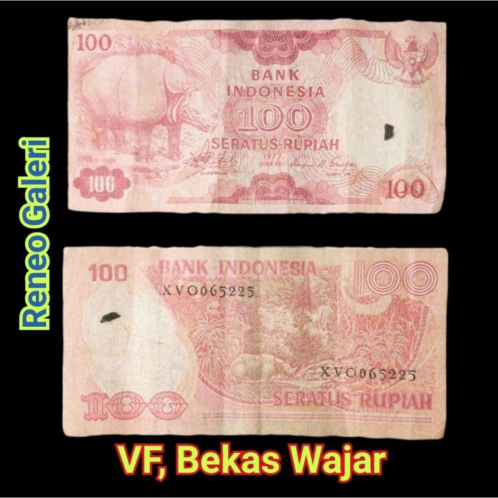 VF 100 Rupiah Badak Tahun 1977 uang kertas kuno merah duit lama jadul Indonesia asli original