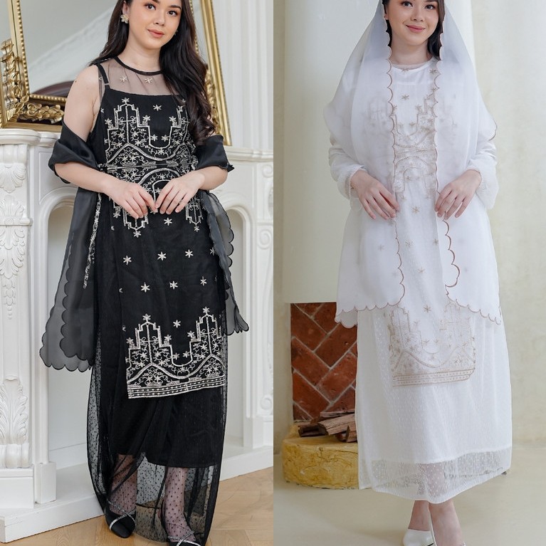 NAMELIS Patricia Dress - Party Dress Tile Bordir Black White Mewah untuk Pesta Kondangan Lamaran Tun