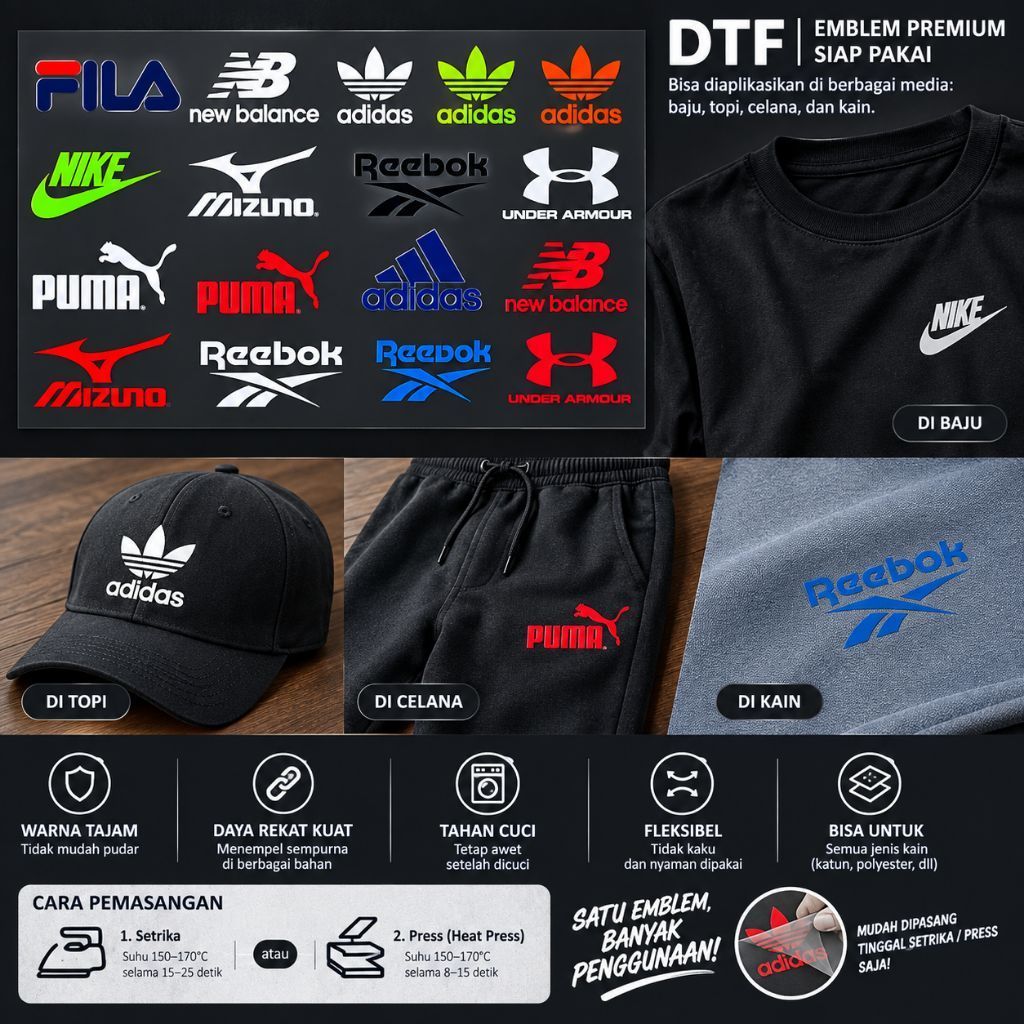 Stiker Apparel Baju Emblem Adidas Nike puma dll setrika sablon