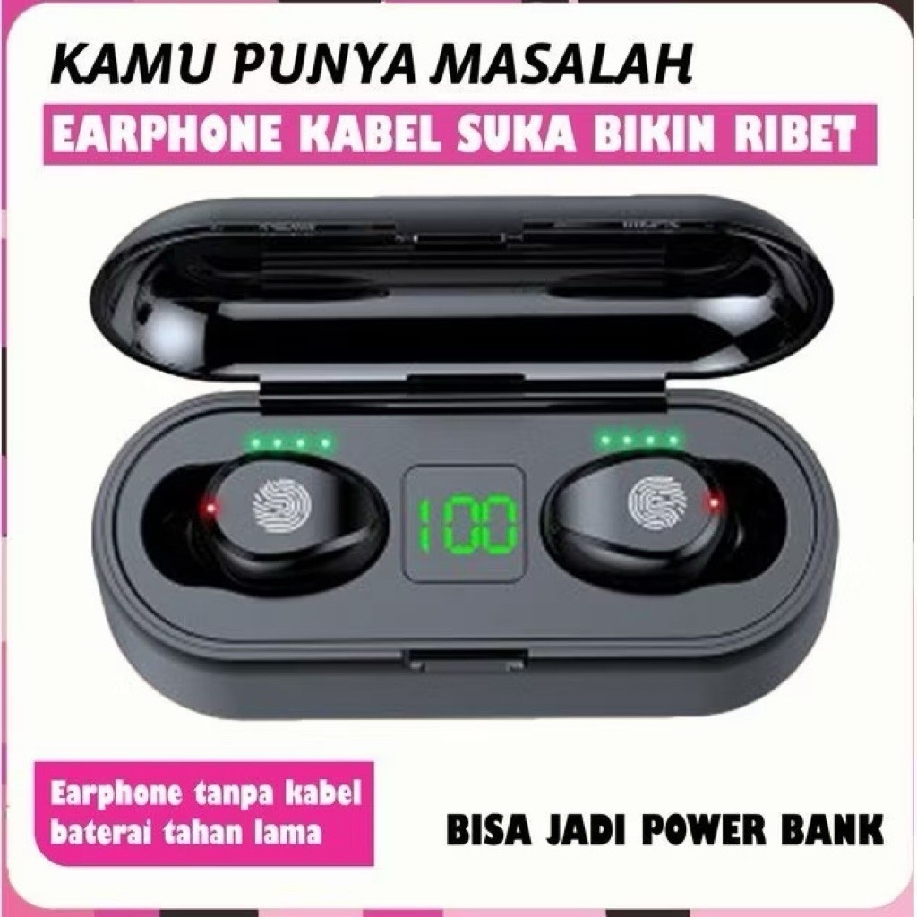 Headset Bluetooth TWS F9 Handsfree Earphone Wireless Airbuds TWINS Grosir