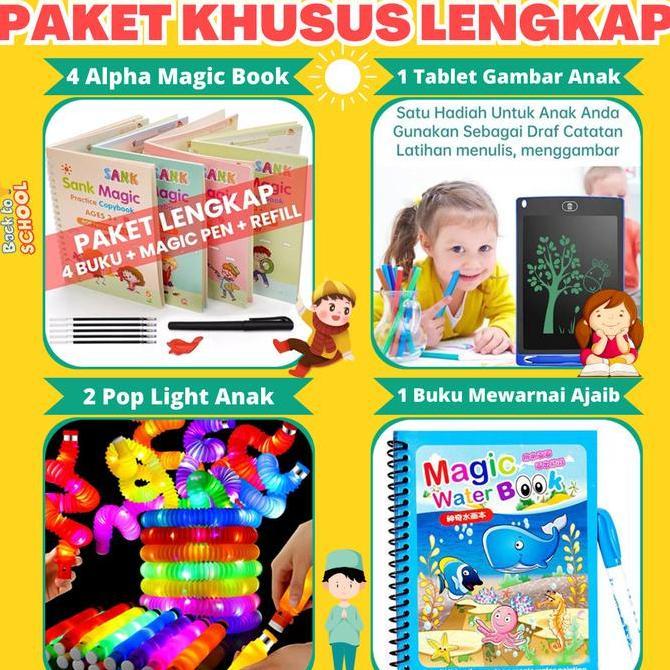 [COD] Viral Paket Lengkap Mainan Edukasi Anak dan Motorik ,  4 Sank Magic Book, 1 Buah Tablet LCD Dr