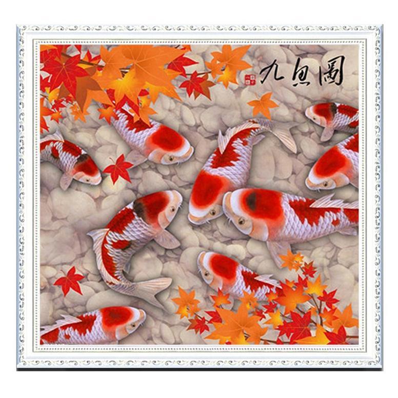 DIY Diamond Painting Full 9 ikan koi maple D560 Paket DIY lukisan fengshui dekorasi