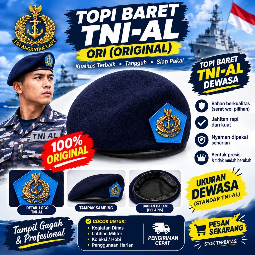 TOPI BARET TNI-AL Ori Jatah (1 set baret+emblem/pin)