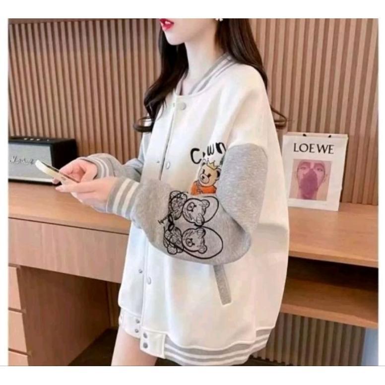 Diskon Crown Bear Jaket Baseball Varsity Wanita | Jaket Varsity Gaya Korea
