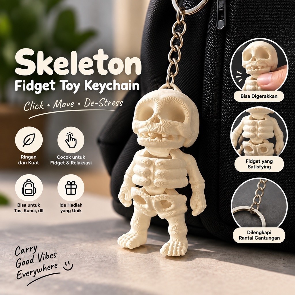 Gantungan Kunci dan Tas Fidget Toy Skeleton Tengkorak - Mainan Anak Anti Stres Unik Bagcharm cowok