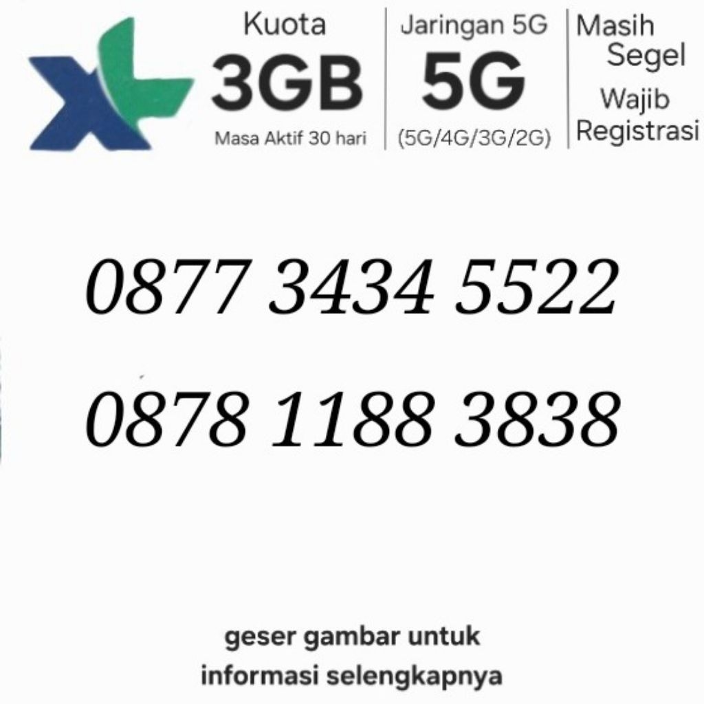 Nomor Cantik XL Kartu Perdana 5G 4G 3gb BUKAN 10 nomer 11 digit Hoki angka