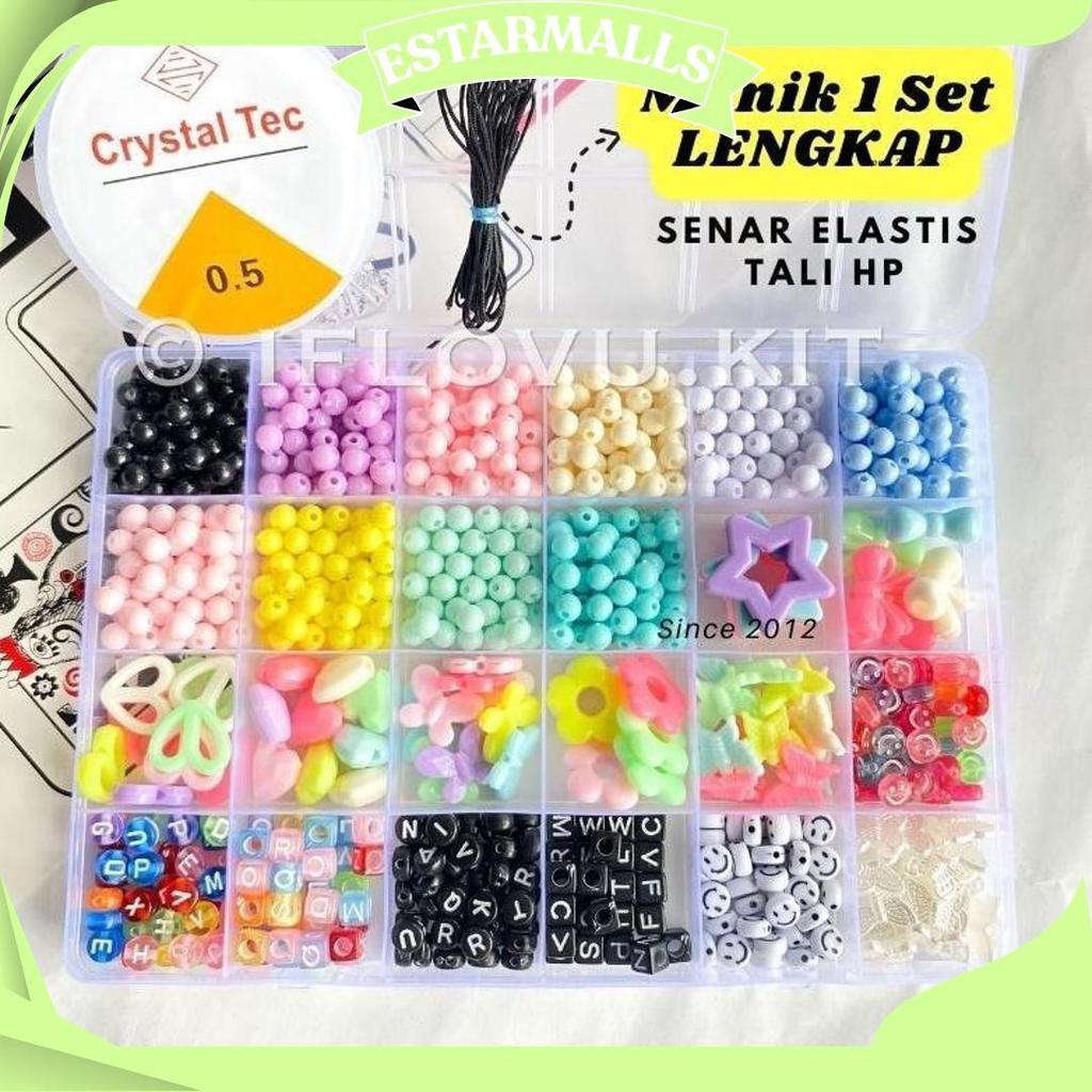 Mainan Anak Anak DIY Manik Manik 1 Set Kotak Lengkap + Senar Elastis + Tali Gantungan Hp | Set manik
