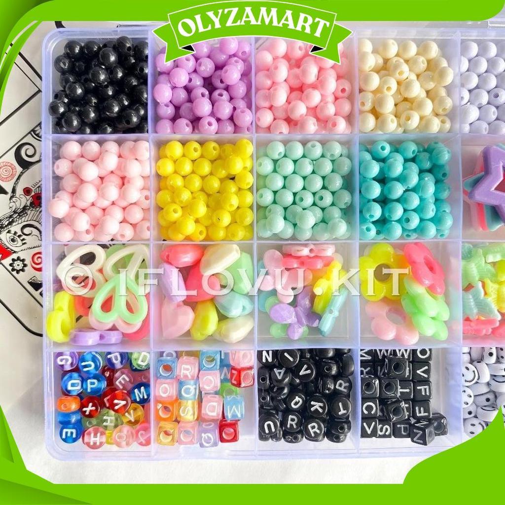 Mainan Anak Anak DIY Manik Manik 1 Set Kotak Lengkap + Senar Elastis + Tali Gantungan Hp | Set manik