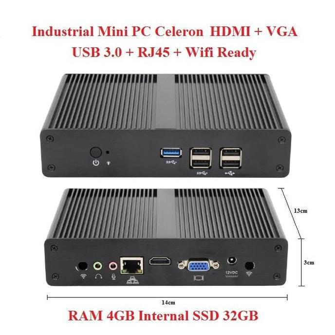 Industrial Mini PC x86 Intel Celeron 4GB SSD 32GB Wifi HDMI VGA MiniPC