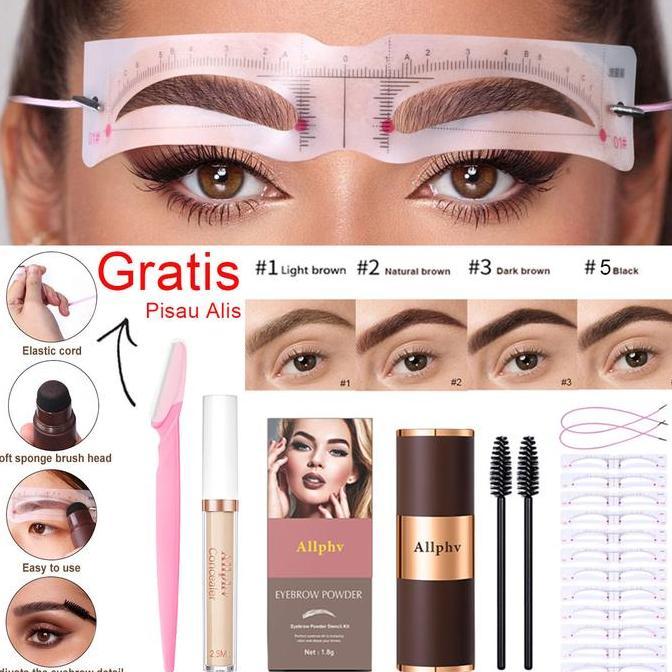 Allphv 4 warna eyebrow powder Cetakan Alis tempel dan cetakan alis tali(2 Tali) Waterproof