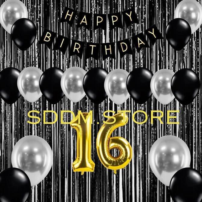 Paket Dekorasi Acara Pesta Ulang Tahun Banner Tirai Hitam Balon Lengkap Gratis Balon Angka Ulang tah