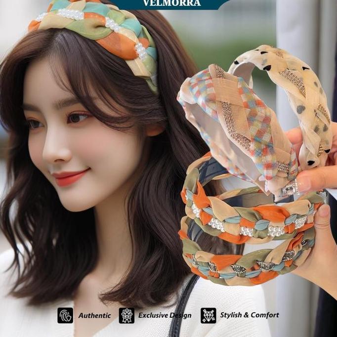 PREMIUM [VELMORRA] Headband Nollan Kepang Bando Korea Payet Mutiara