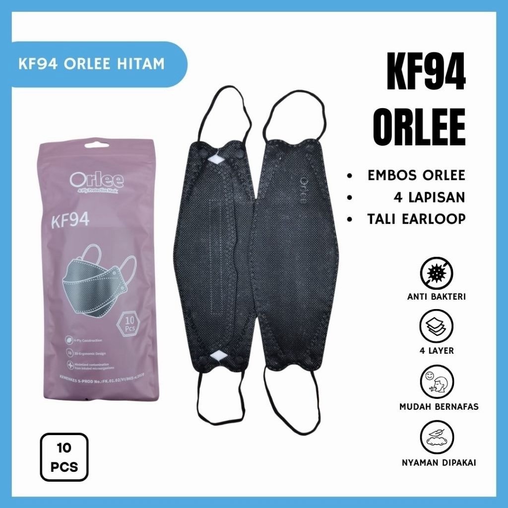 Masker KF94 Orlee 4-Ply Protective Mask Hitam dan putih