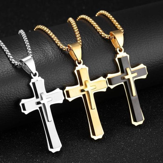 Kalung Liontin Salib Pria Warna Putih / Hitam / Emas Rantai Stainless