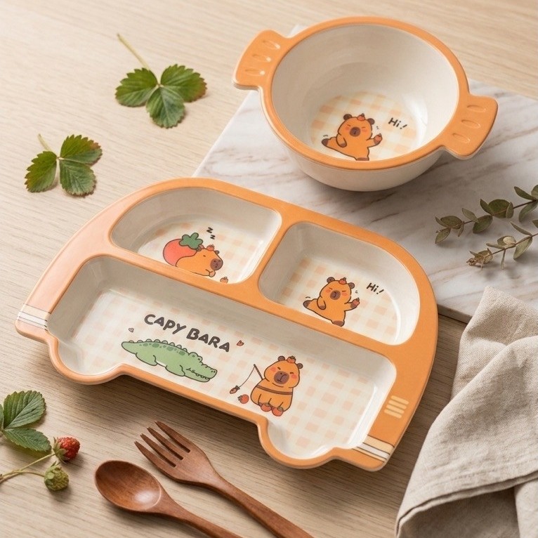 Set Piring Makan Anak Melamin Capybara Coklat Lucu Aesthetic | Piring Sekat | Mangkok Anak | Piring 