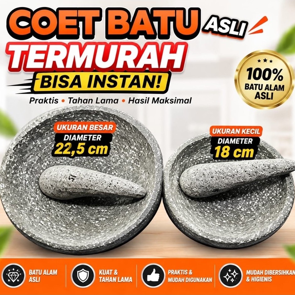 Coet Batu dengan Penggiling Set Batu Alam Ukuran Besar 22,5 cm atau Kecil 18 cm