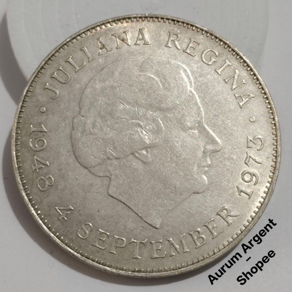 T.52S-- 1 PC KOIN PERAK KUNO ASLI 10 GULDEN JULIANA TH 1973. -- SILVER COIN --