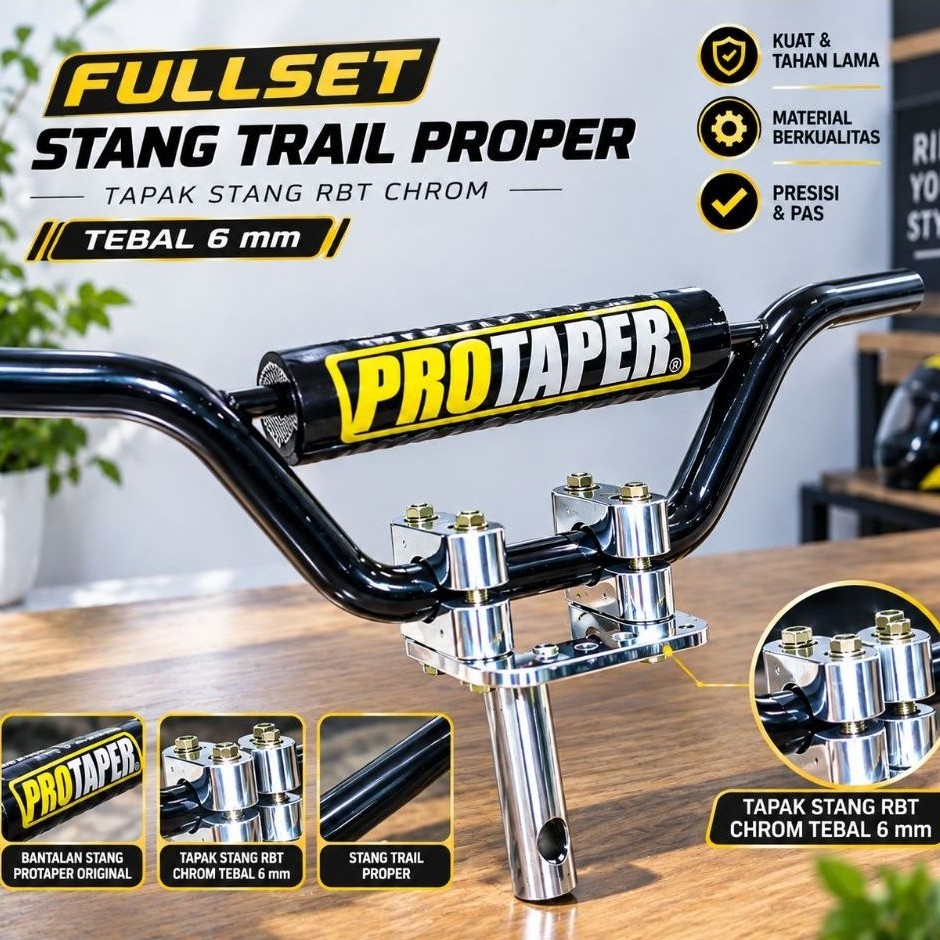 Fullset Stang Trail Protaper Set Tapak Stang RBT Chrom Tebel 6 mm Cocok Untuk Motor Trail Honda Yama