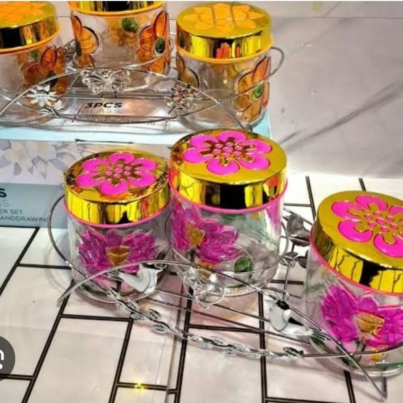 Toples Kaca 3 Set/Toples Kaca/Toples Kaca Bunga Timpul 3 Set