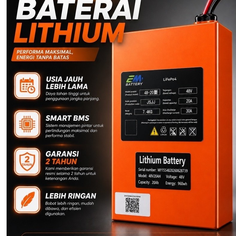 EM Battery Lithium LifePo4 48v20ah + Soket