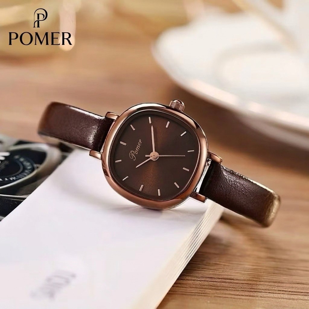 [FREE GELANG] POMER Jam Tangan Korea Wanita Jam Analog Kecil Tali Kulit Korea Fashion Jam Tangan Wan
