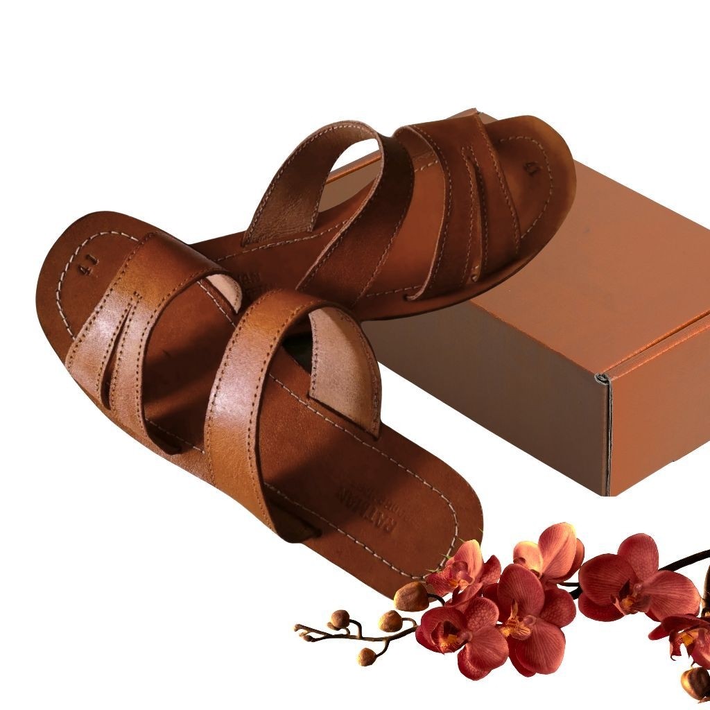 SANDAL KULIT ASLI WANITA/ SELOP FLAT CEWEK KULIT ASLI MAGETAN