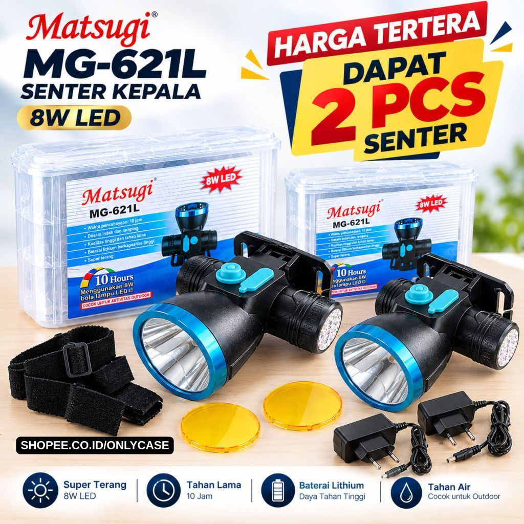 [DAPAT 2 PCS] MATSUGI MG-621L SENTER KEPALA 8W CAHAYA PUTIH LED Tahan Air Headlamp Outdoor Baterai C