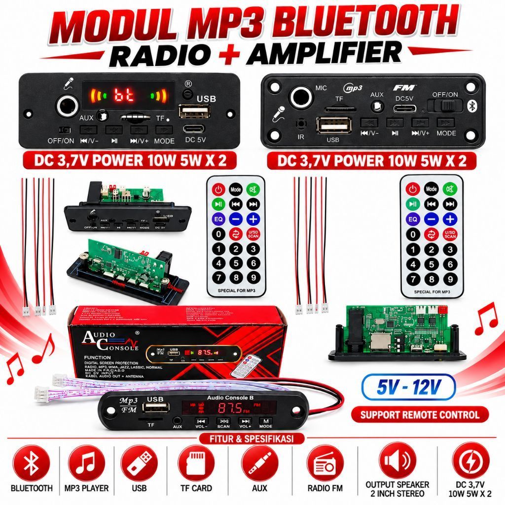 AUDIO CONSULE MODUL BLUETOOTH/MP3/ USB KARAOKE MUSIK RADIO 5V-12V AMPLIFIER POWER LANSUNG SPEAKER PA