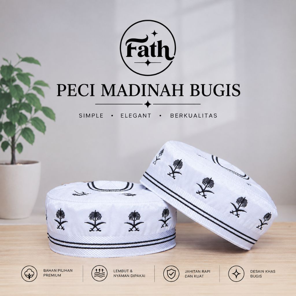 Peci Madinah Bugis Motif Bordir Kualitas Premium Kopiah Haji umroh Motif Kurma