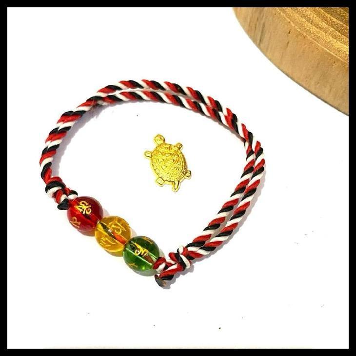 Gelang Tridatu 3 Bola dengan Bonus Kura-Kura - Bracelets Batu Beads Emas Flower Gold Tali Karet Kayu