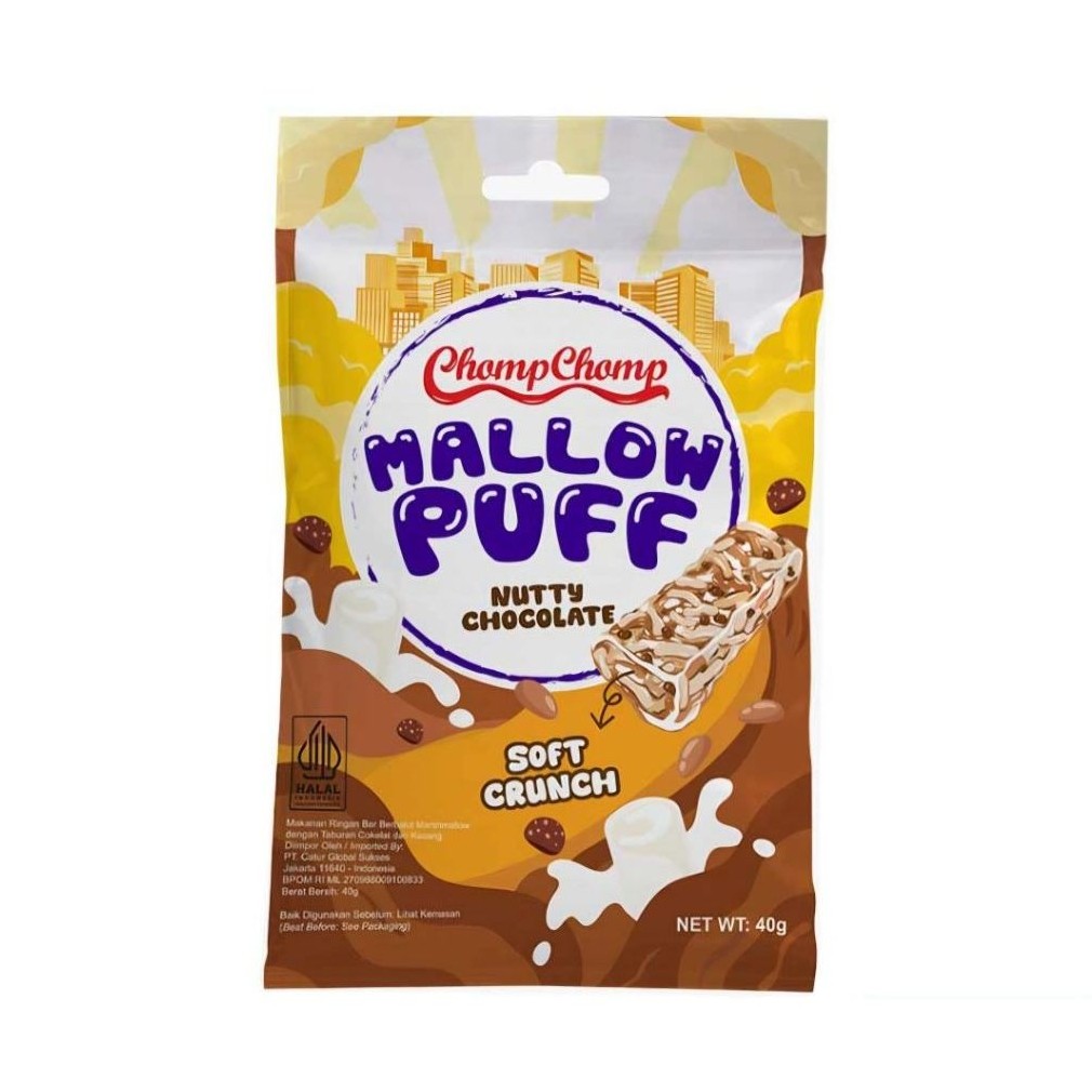 ChompChomp Mallow Puff Nutty Chocolate Soft Crunch 40g - Makanan Ringan Bar Berbalut Marshmallow