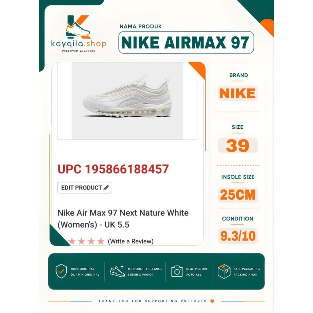 Sepatu Nike Airmax AM 97 size 39 Preloved Second Original