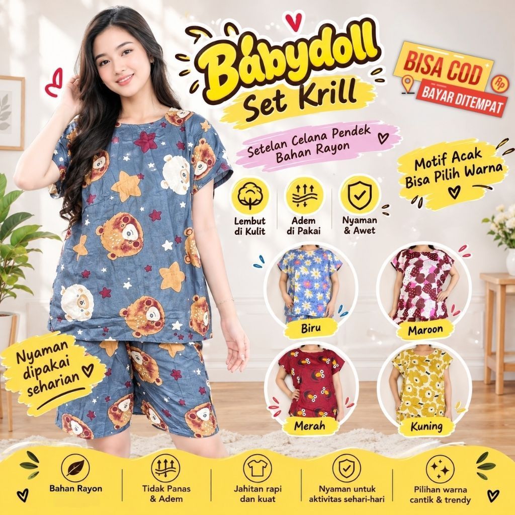 Daster Babydoll Set Kril Model Piyama Baju Tidur Setelan Wanita Celana Pendek Motif Acak