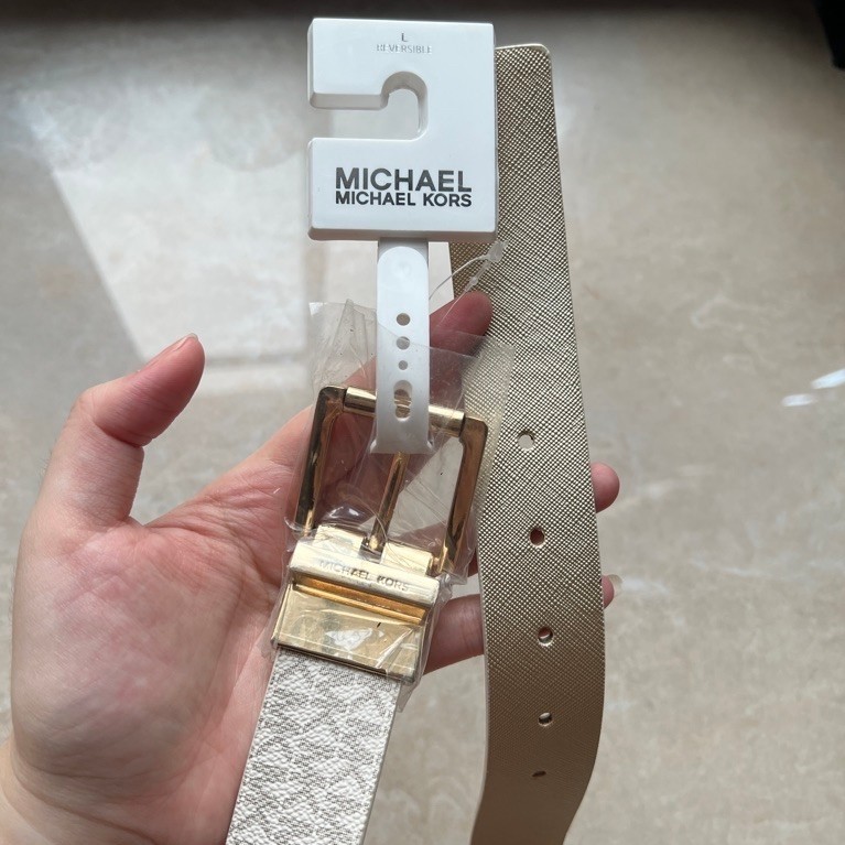 Belt Michael Kors Original White Leather Signature MK Reversible / Ikat Pinggang Wanita Kulit warna 