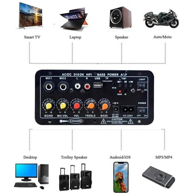 DC 12V 24V AC 220V Amplifier Ampli Mini Board Audio Bluetooth USB FM Radio TF Player Subwoofer Mobil