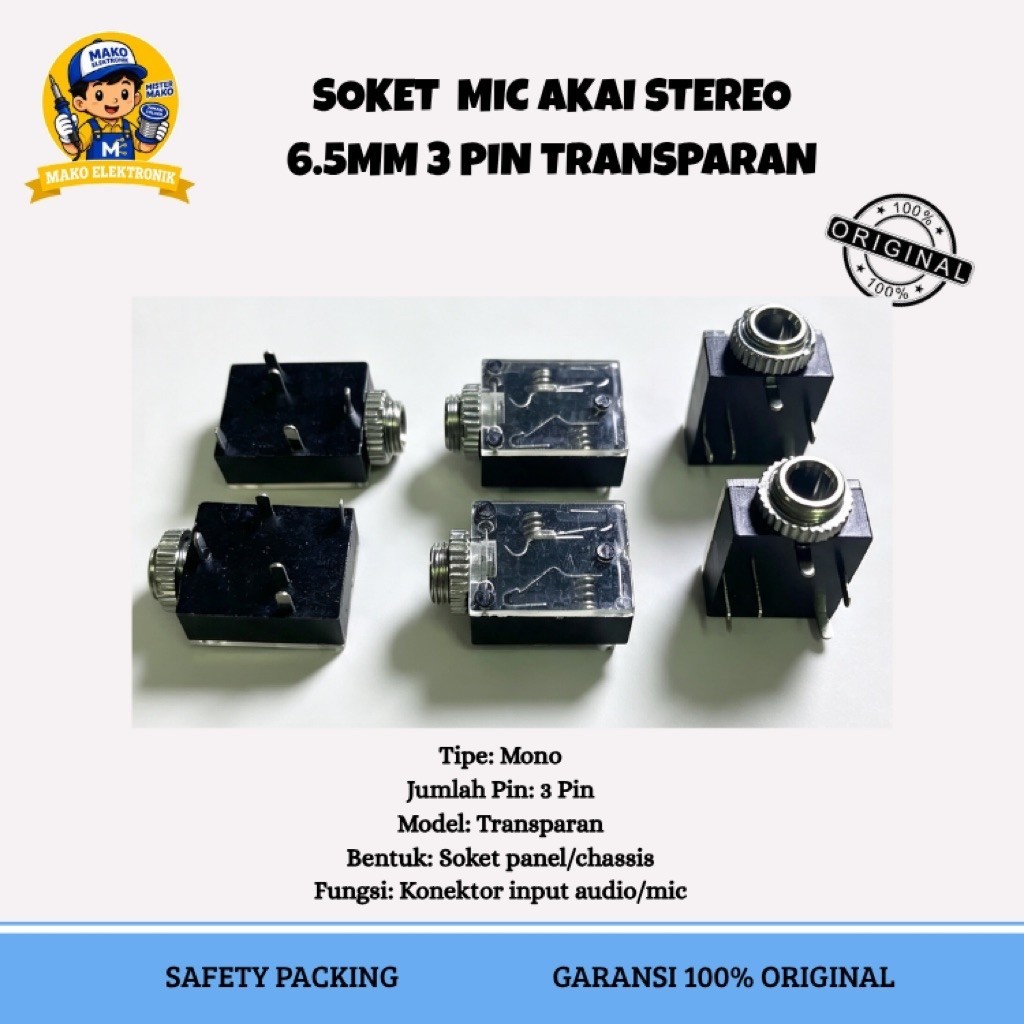SOCKET SOKET MIC AKAI MONO 6.5mm FEMALE MONO 3P PIN PANEL SEGI TRANSPARANT GOLD KUALITAS BAIK