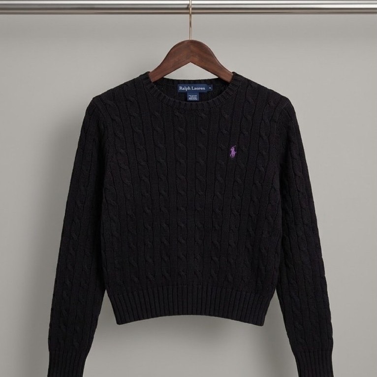 Sweater Crop Polo Ralph Lauren Cableknit Rajut Wanita Full Kepang Black Minus